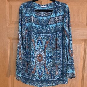 New York‎ & Company Blue Paisley Long Sleeve Top Size Medium